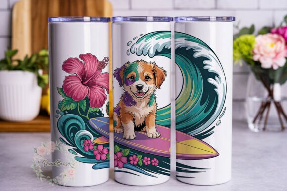 Colorful Puppy Surfing Beach 20oz Tumble